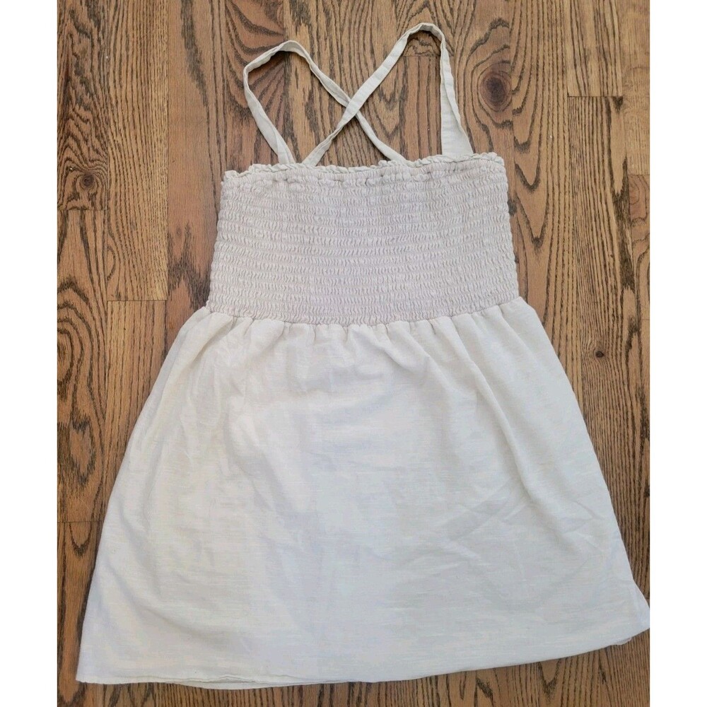 American Eagle Linen Blend Smocked Dress Neutral Sz XL Adjustable Straps Pockets